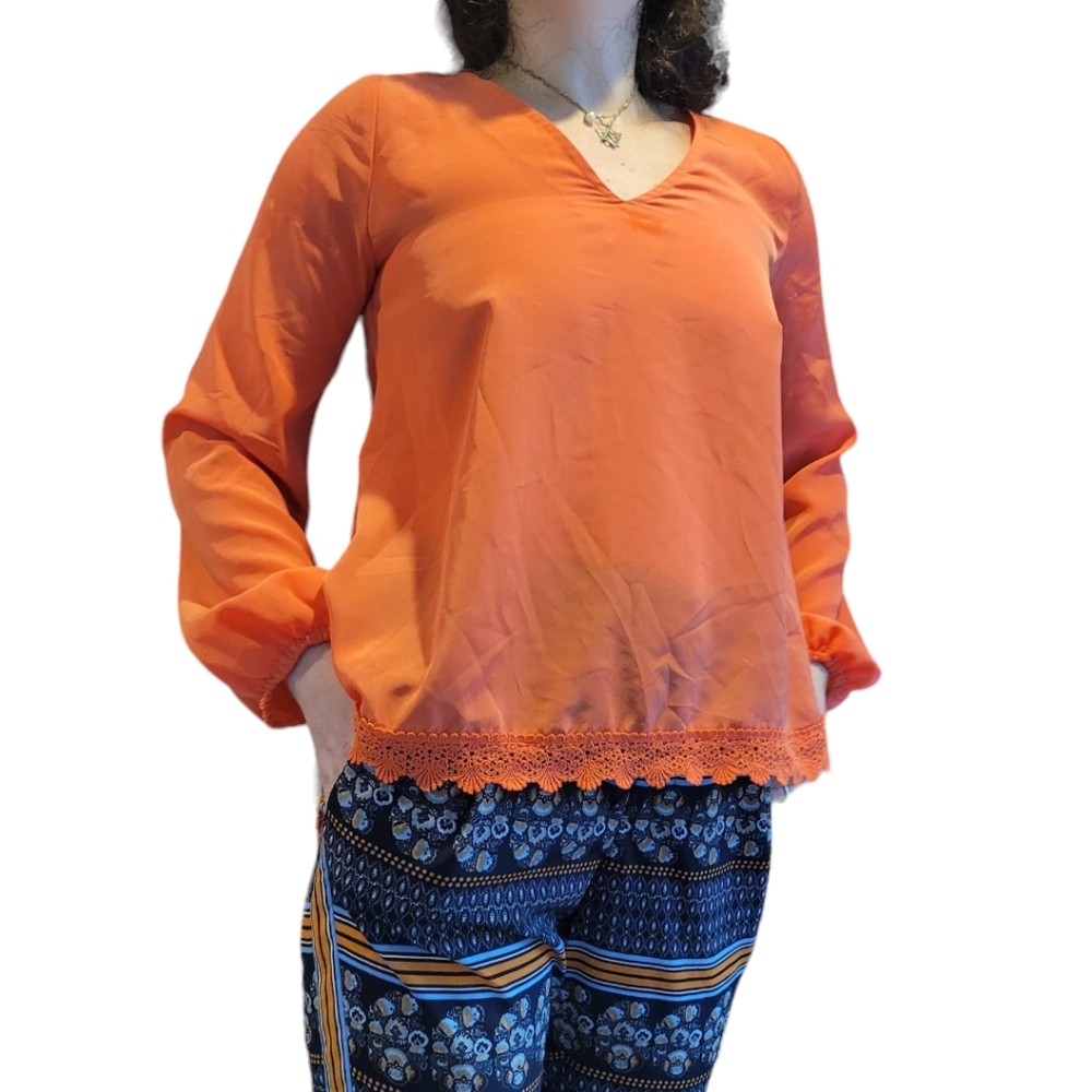Lovers + Friends Orange V-Neck Blouse with Crochet Lace Trim Size XS